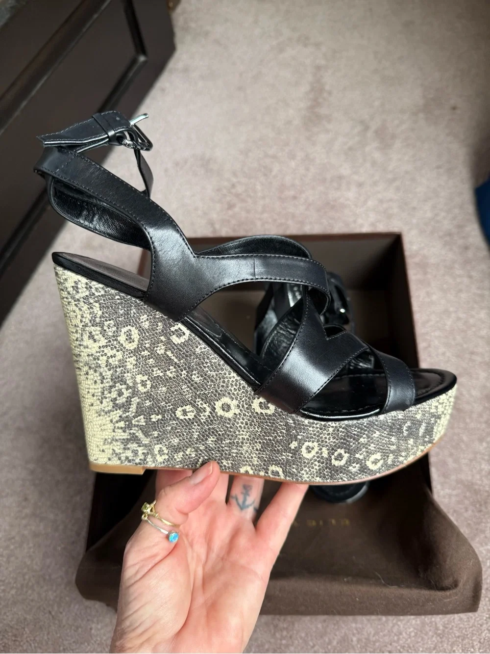 Elie Tahari Black Leather Strappy Wedge Sandals with Cream Textured Heel